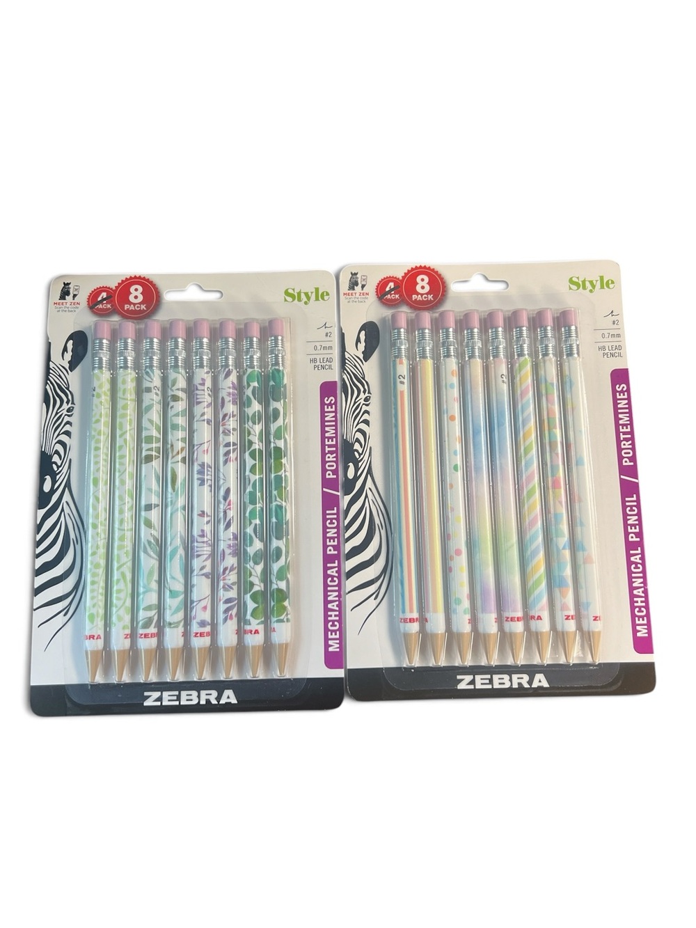 Zebra Style Mechanical Pencils 0.7mm #2 HB Floral Pastel Lot 2 Packs 16 Total